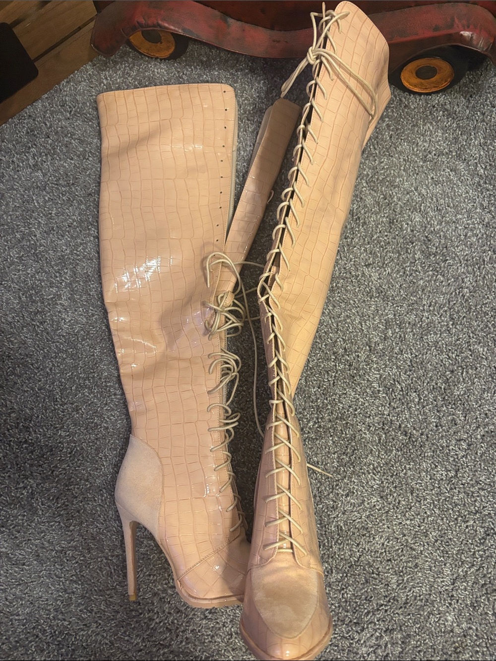 Lace-Up Over-the-Knee Stiletto Boots in Nude Croc